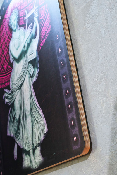 A close-up of a decorative book or album cover featuring a classical statue illustration in pale green-gray tones on a dark background, with the word 'SALTO' printed vertically in pink. The cover is photographed at an angle against a light gray textured surface.  dark academia decor  Terpsichore — Muse of Dance