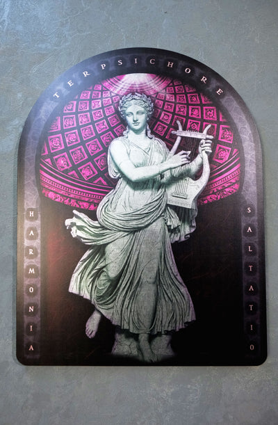 An arched decorative plaque or sign featuring a classical statue illustration in pale gray tones against a pink and black patterned background, with the words 'TER PSICHORE' at the top and 'HARMONIA SALatio' along the sides.  dark academia decor  Terpsichore — Muse of Dance