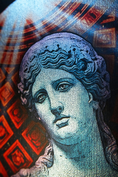 A close-up of a classical-style bust portrait with a blue-toned face and hair, layered over a red and dark patterned background.dark academia decor  Melpomene
Muse of Tragedy