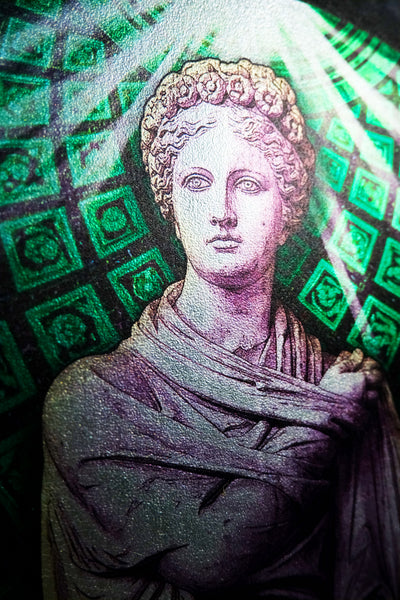 A close-up of a textured surface featuring a stylized portrait of a classical statue in muted purple and beige tones, set against a vibrant green patterned background with light streaks. Polyminia is a common alternative spelling of Polyhymnia (or Polymnia), the Greek Muse of sacred poetry, hymns