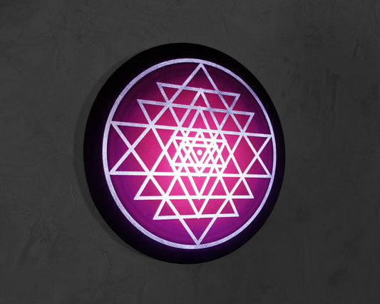 the Sri Yantra Sacred Geometry Handmade Wall Art Wooden MDF 8mm Gold or Silver Leaf Design Yoga Zen Decor Boho Home Chakra Symbols Modern